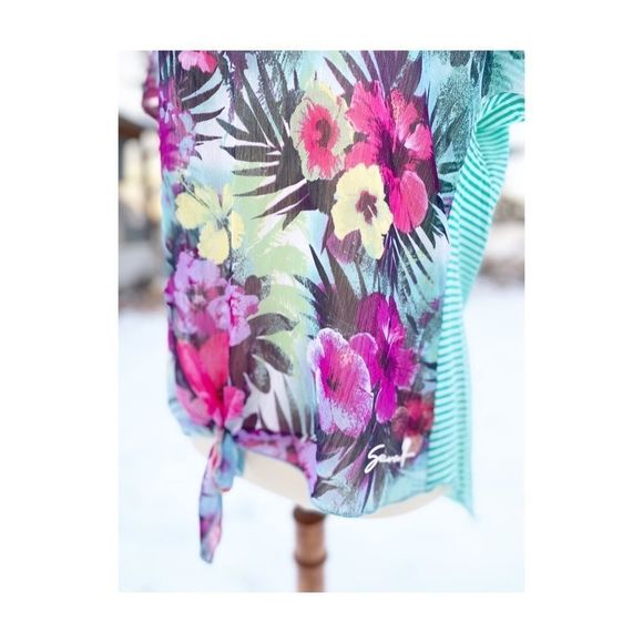 Seven7 Top Tee Shirt Floral Stripe Chiffon Jersey Knit High Low Sheer Knot Sz M - Picture 9 of 11